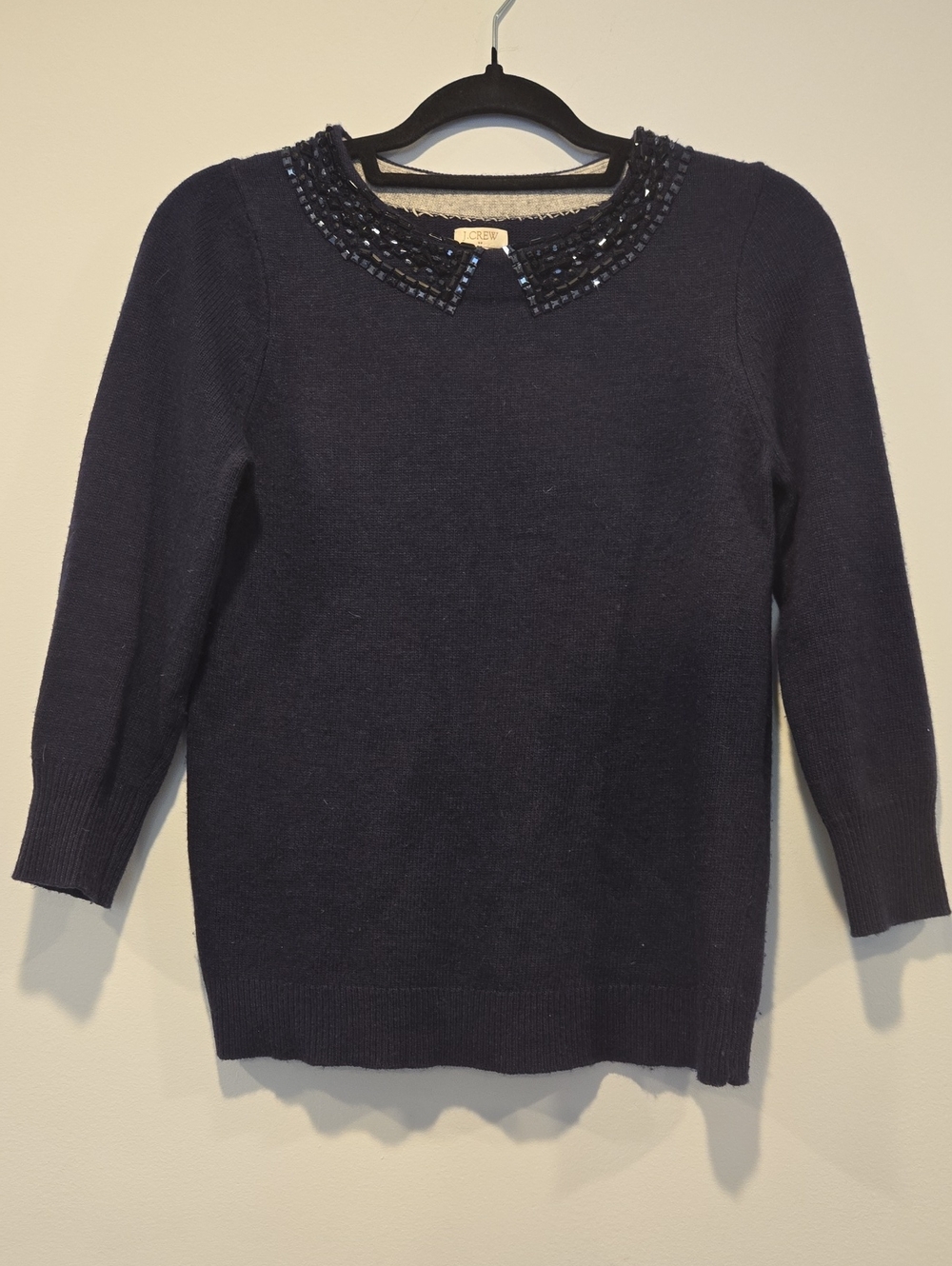 J Crew Embellished Collar Merino Wool Blend Sweater Navy 3/4 Sleeve Small